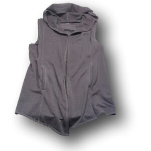 Open front long length sleeveless fleece cardigan with hood and pockets